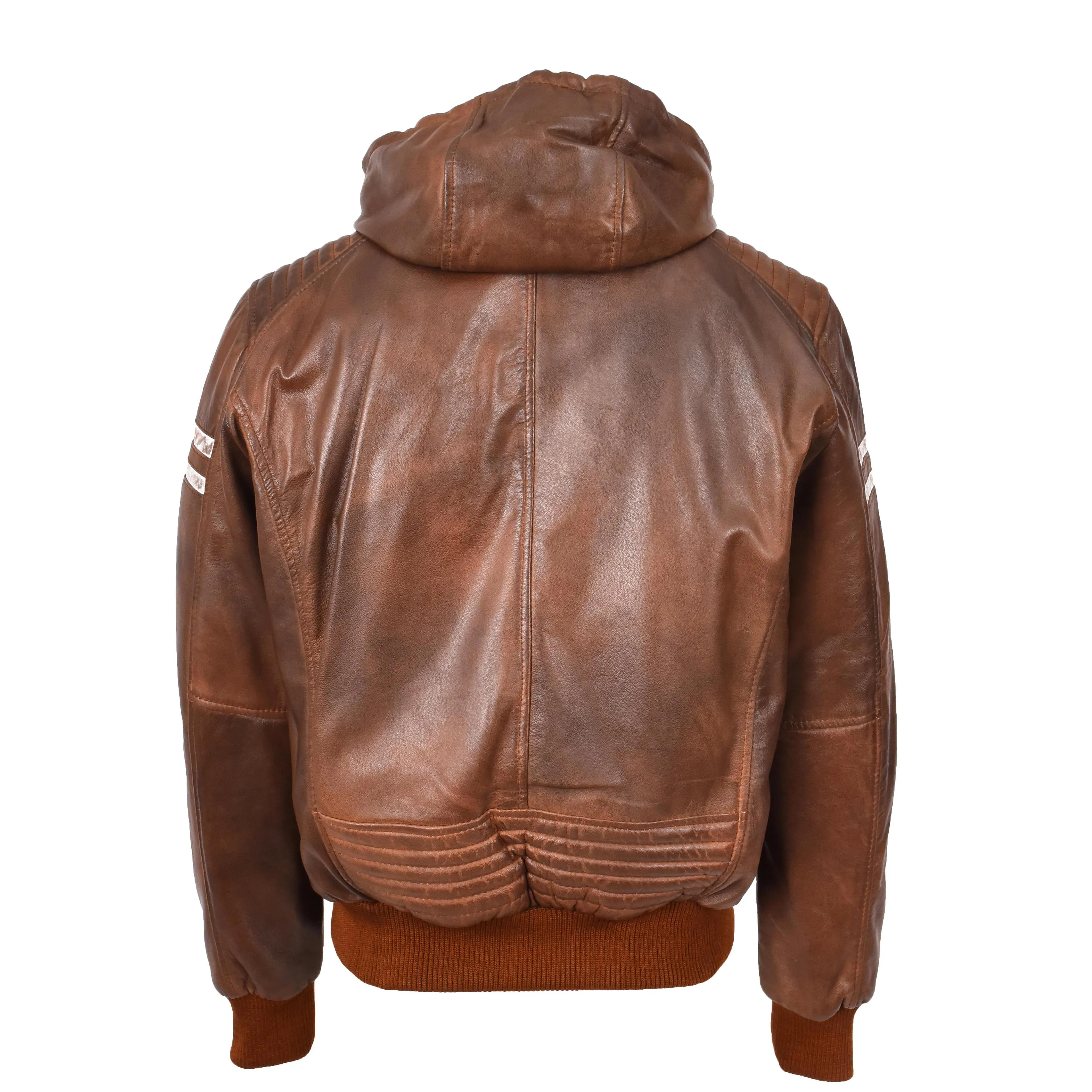 Mens Real Leather Bomber Zip up Detachable Hoodie Jacket REMMY Cognac