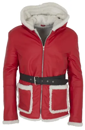 Men's Santa Claus Winter Christmas Hooded Fur Lined Red Leather Coat For Sale