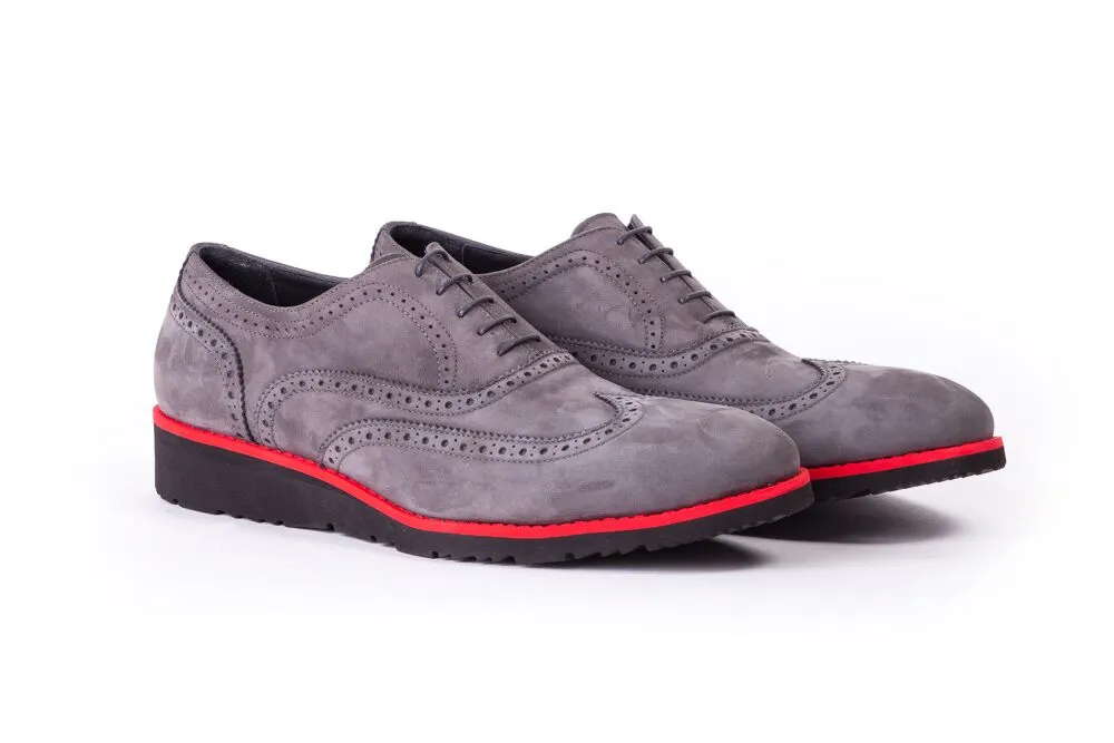 Men's Suede Grey & Red Accented Brogue Wingtip (EX-110)