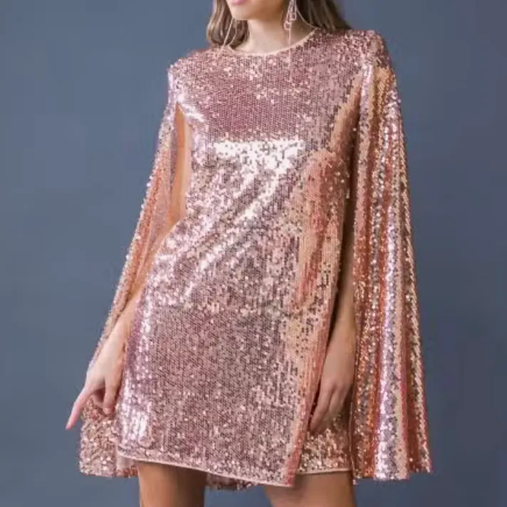 Midnight Glam Sequined Mini Cape Dress