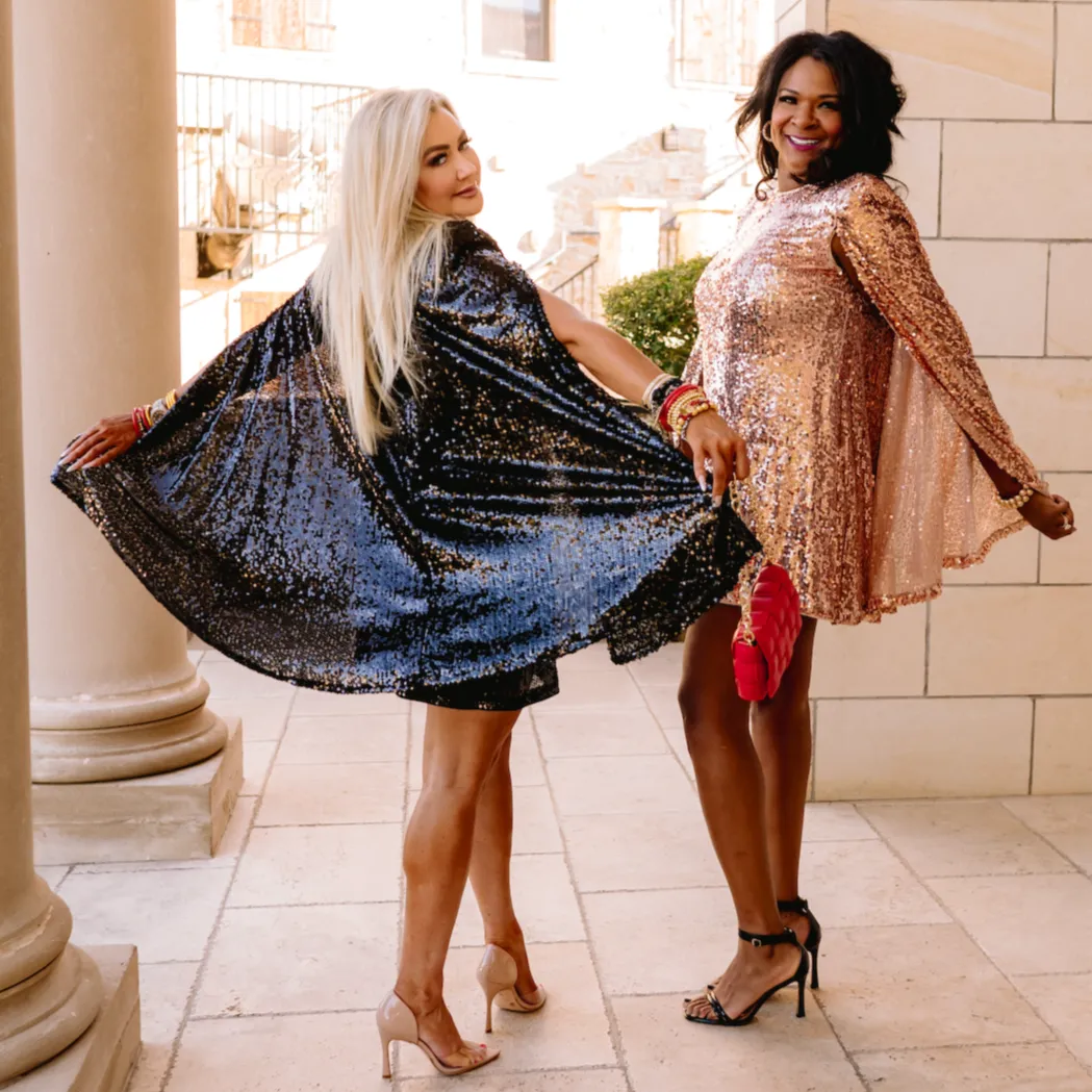 Midnight Glam Sequined Mini Cape Dress