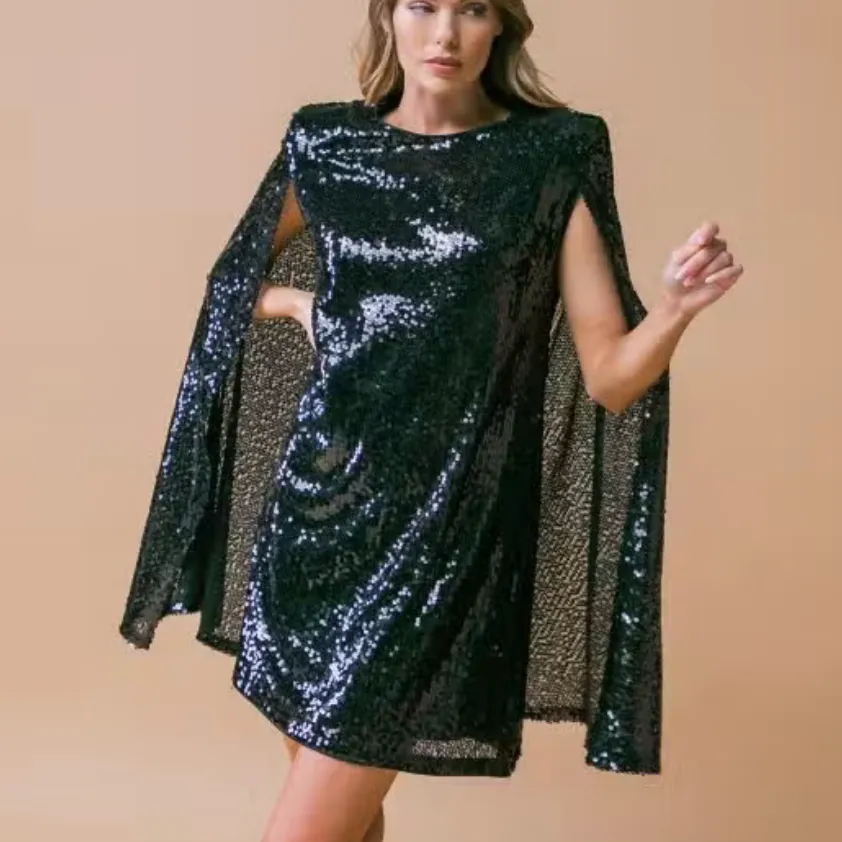 Midnight Glam Sequined Mini Cape Dress