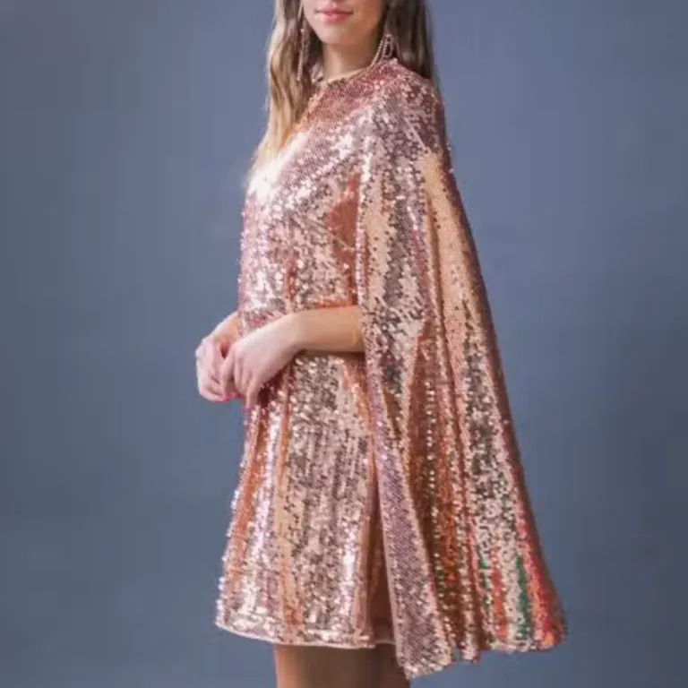 Midnight Glam Sequined Mini Cape Dress