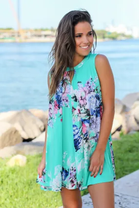 Mint Floral Swing Dress with Keyhole