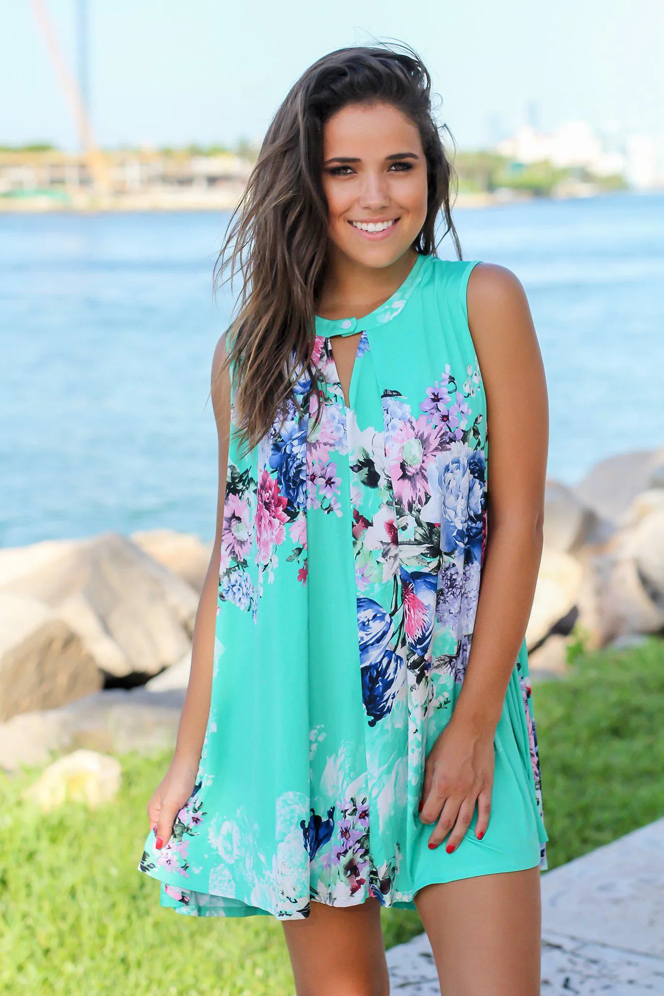 Mint Floral Swing Dress with Keyhole