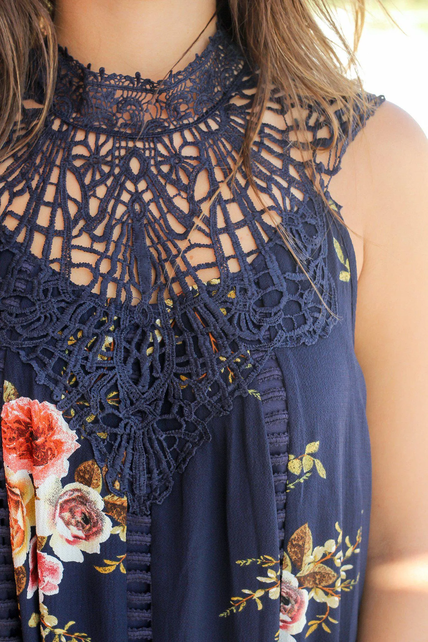 Navy Floral Crochet Short Dress