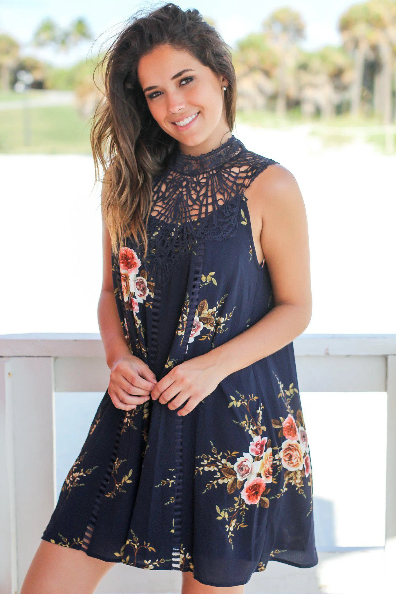 Navy Floral Crochet Short Dress