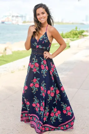 Navy Floral Maxi Dress with Crochet Detail