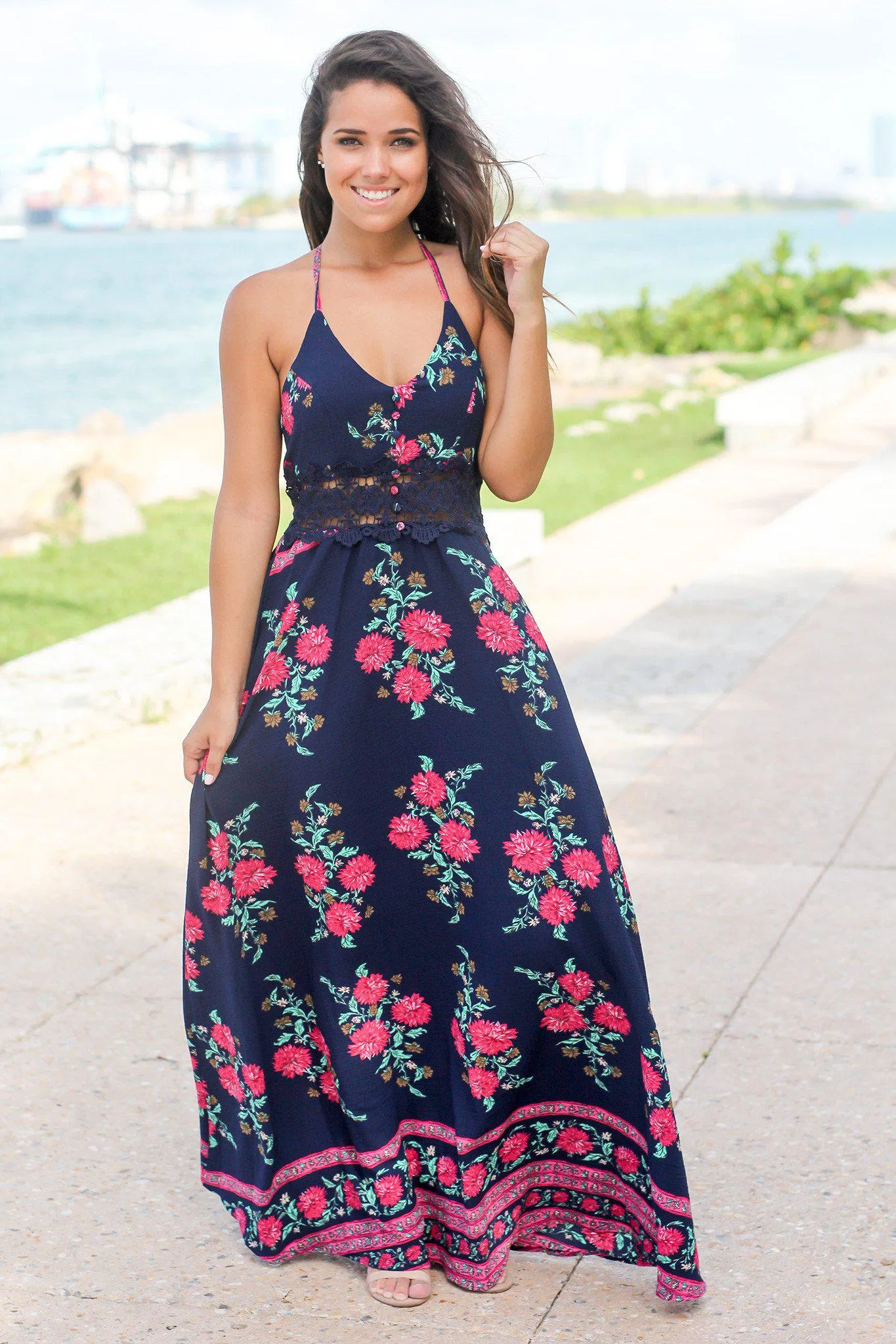 Navy Floral Maxi Dress with Crochet Detail