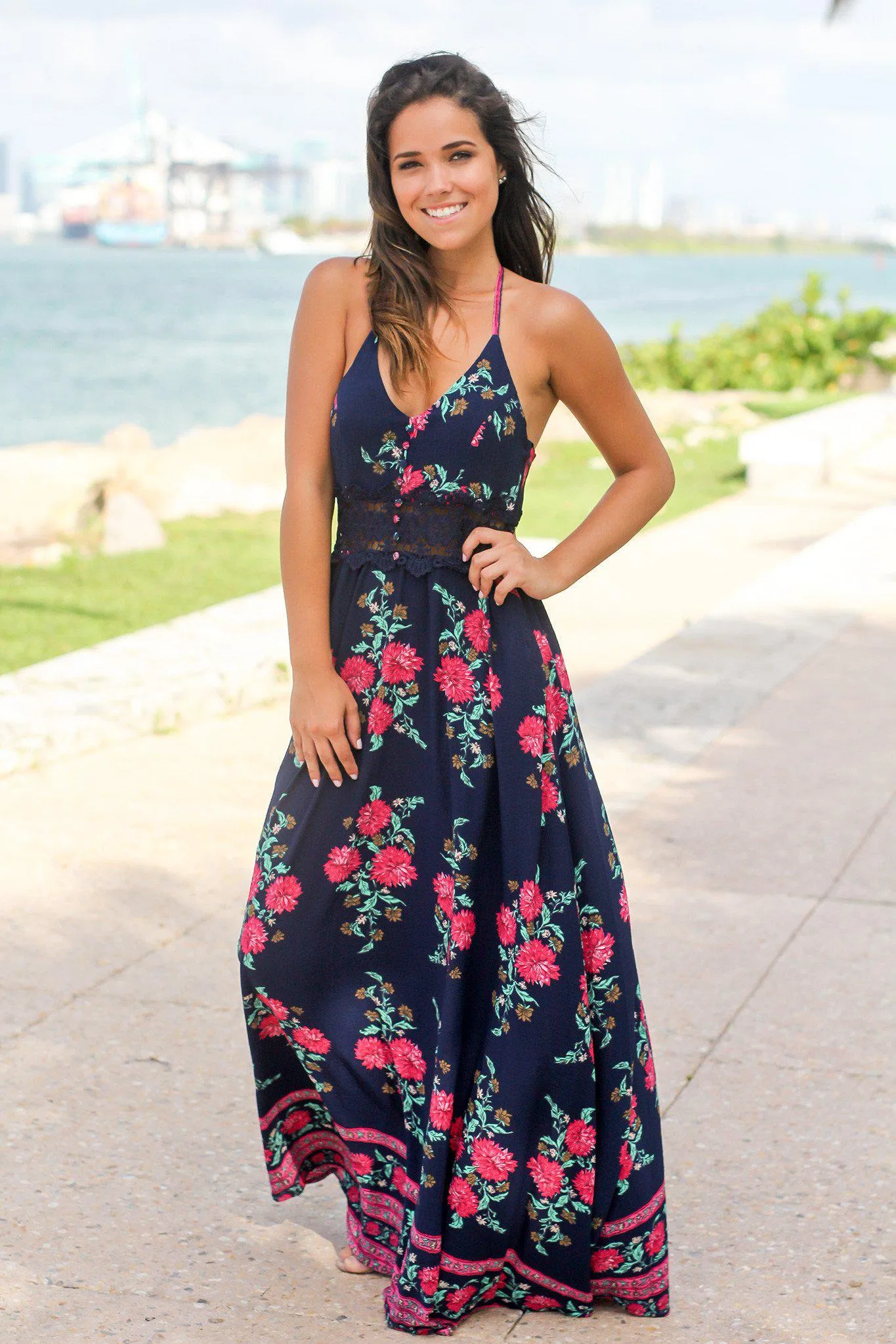 Navy Floral Maxi Dress with Crochet Detail