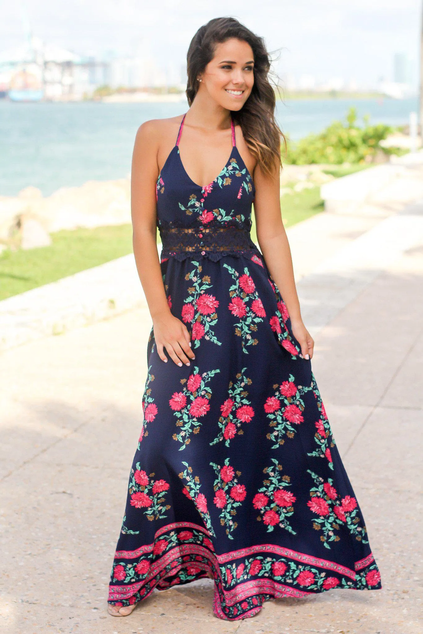 Navy Floral Maxi Dress with Crochet Detail