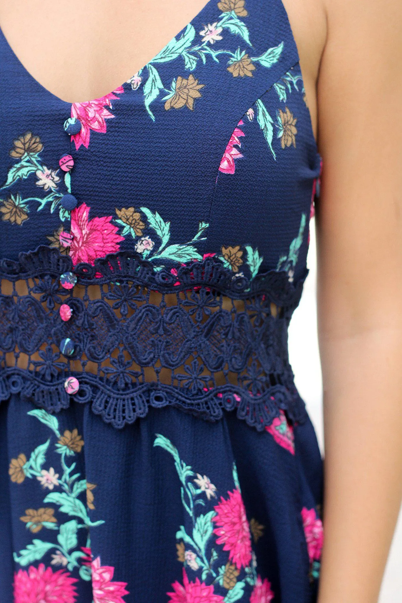 Navy Floral Maxi Dress with Crochet Detail