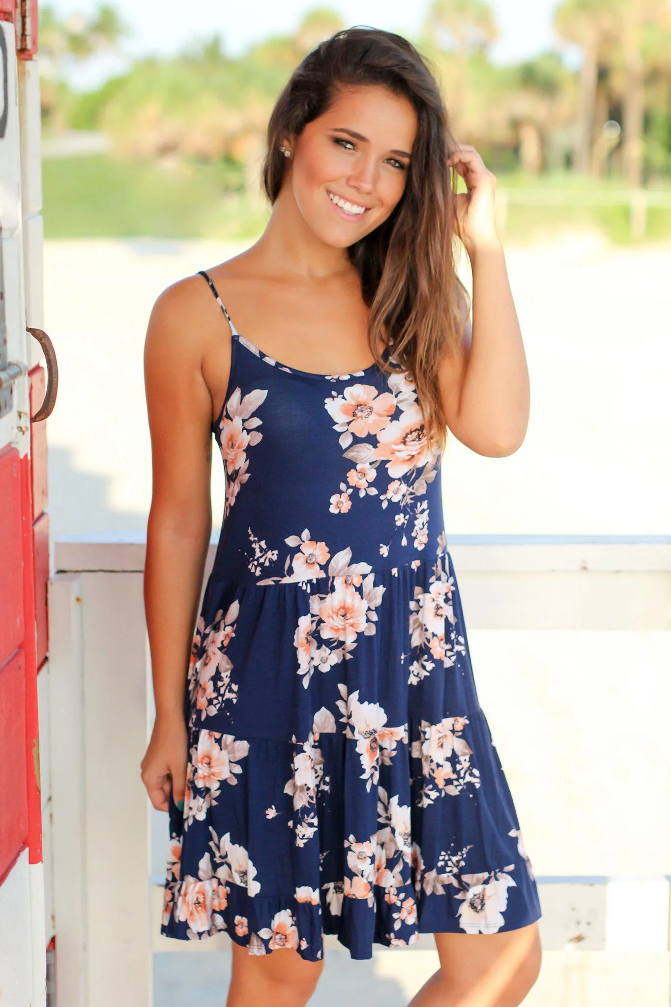 Navy Floral Ruffled Swing Dress