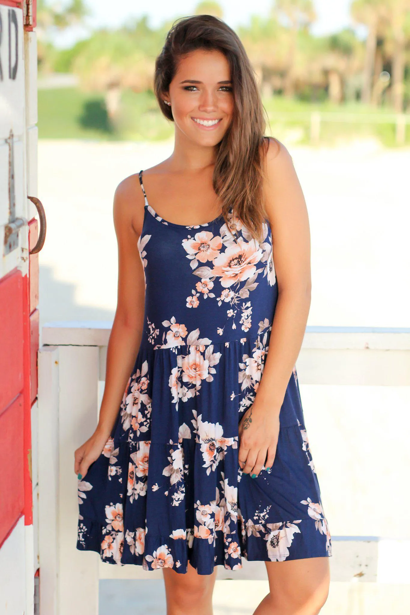 Navy Floral Ruffled Swing Dress