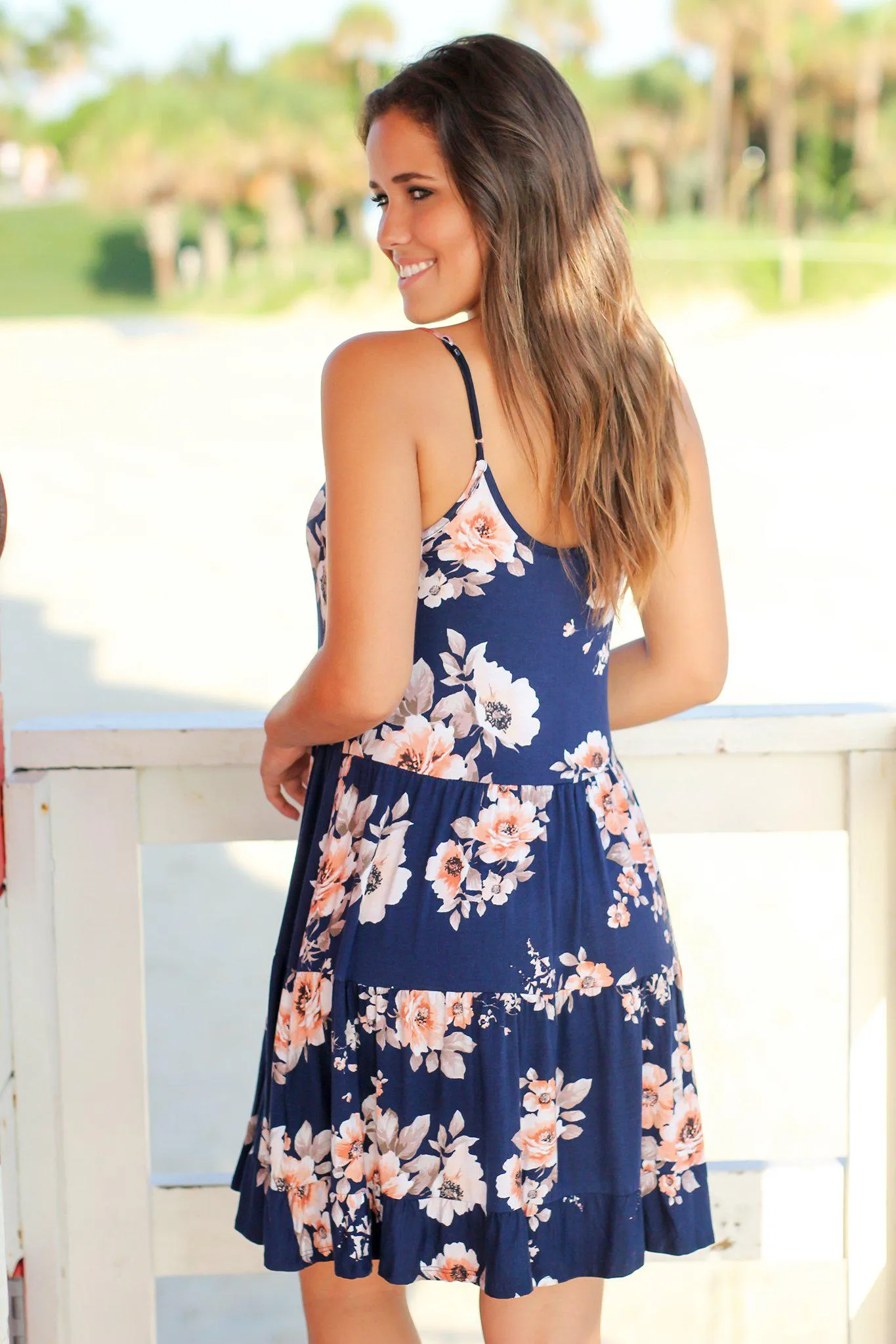 Navy Floral Ruffled Swing Dress