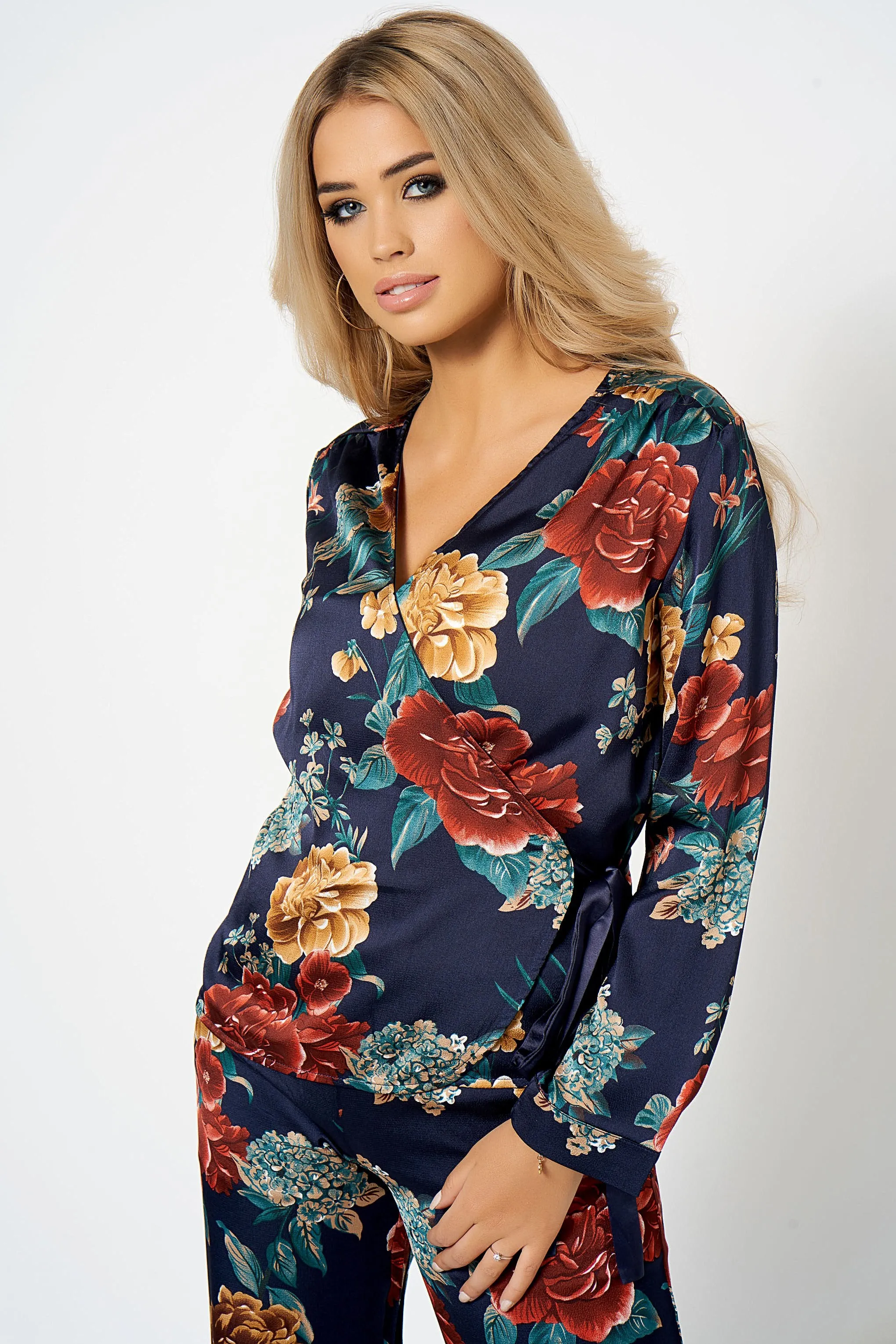 Navy Floral Wrap Tie Side Co-ord Blouse