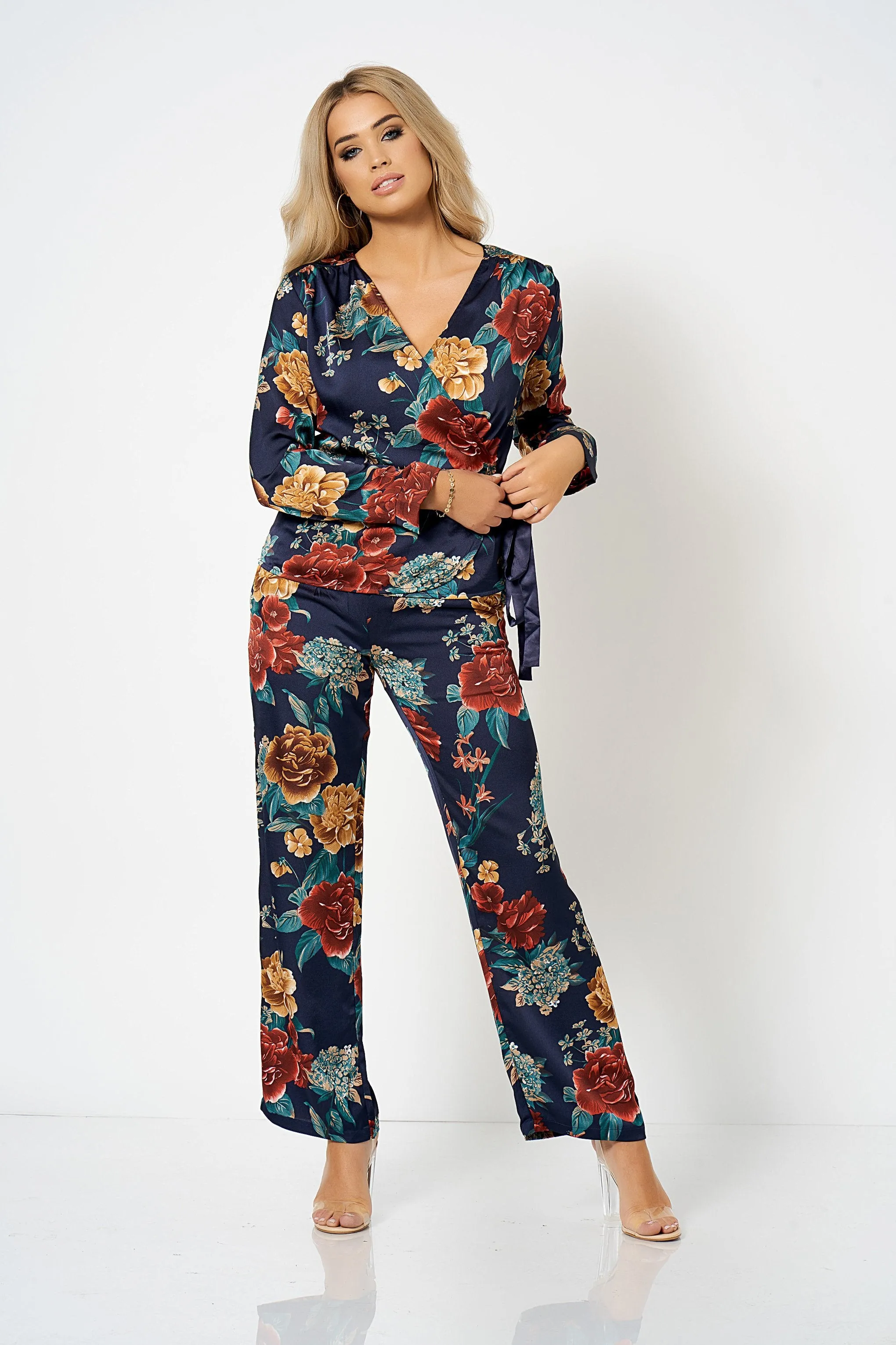 Navy Floral Wrap Tie Side Co-ord Blouse