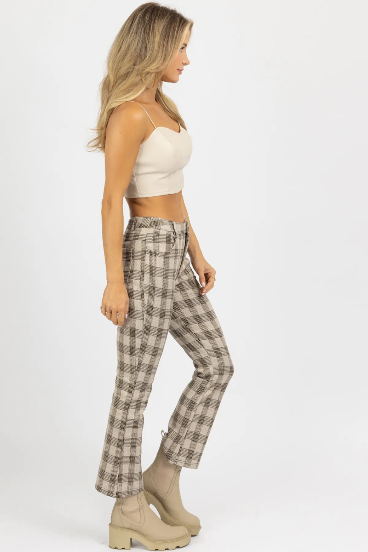 NEUTRAL CHECKED HIGH RISE FLARE PANT