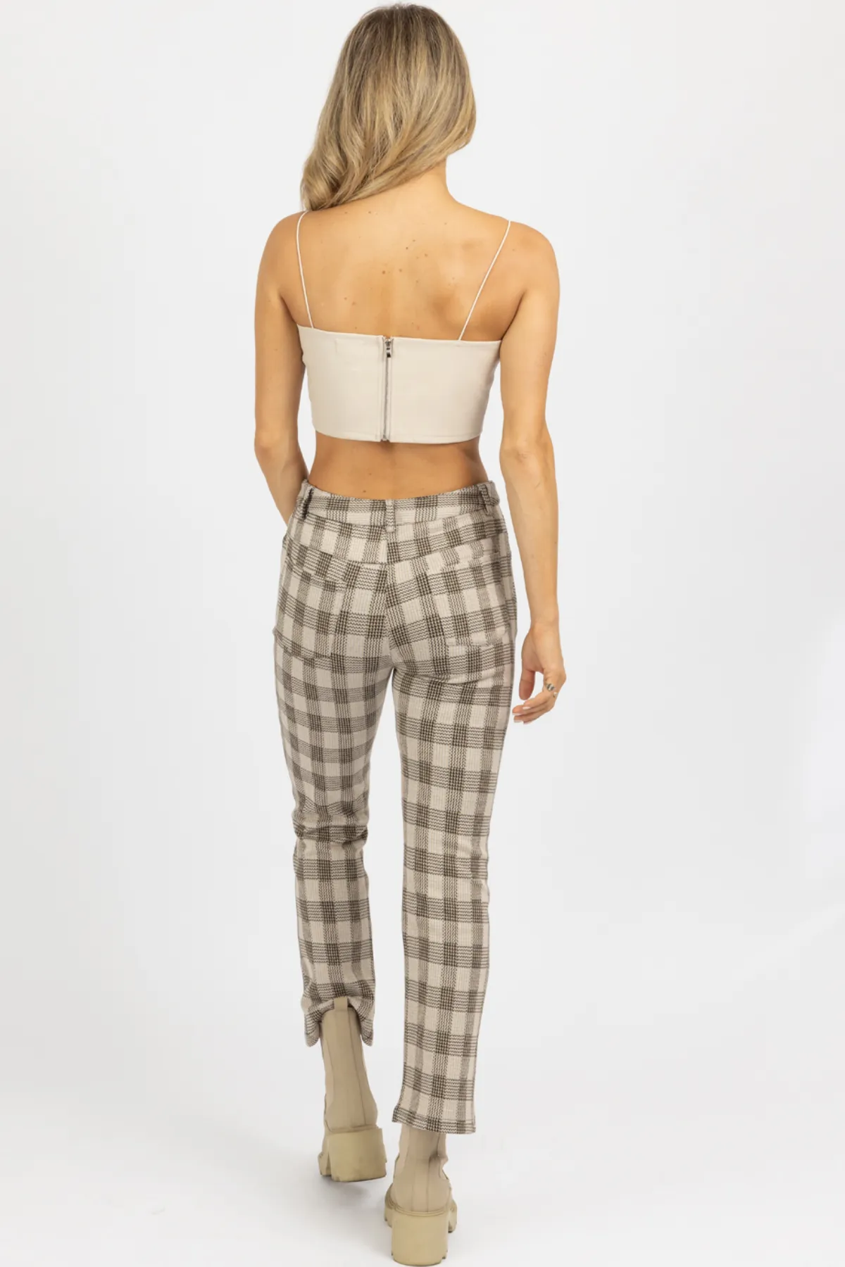 NEUTRAL CHECKED HIGH RISE FLARE PANT