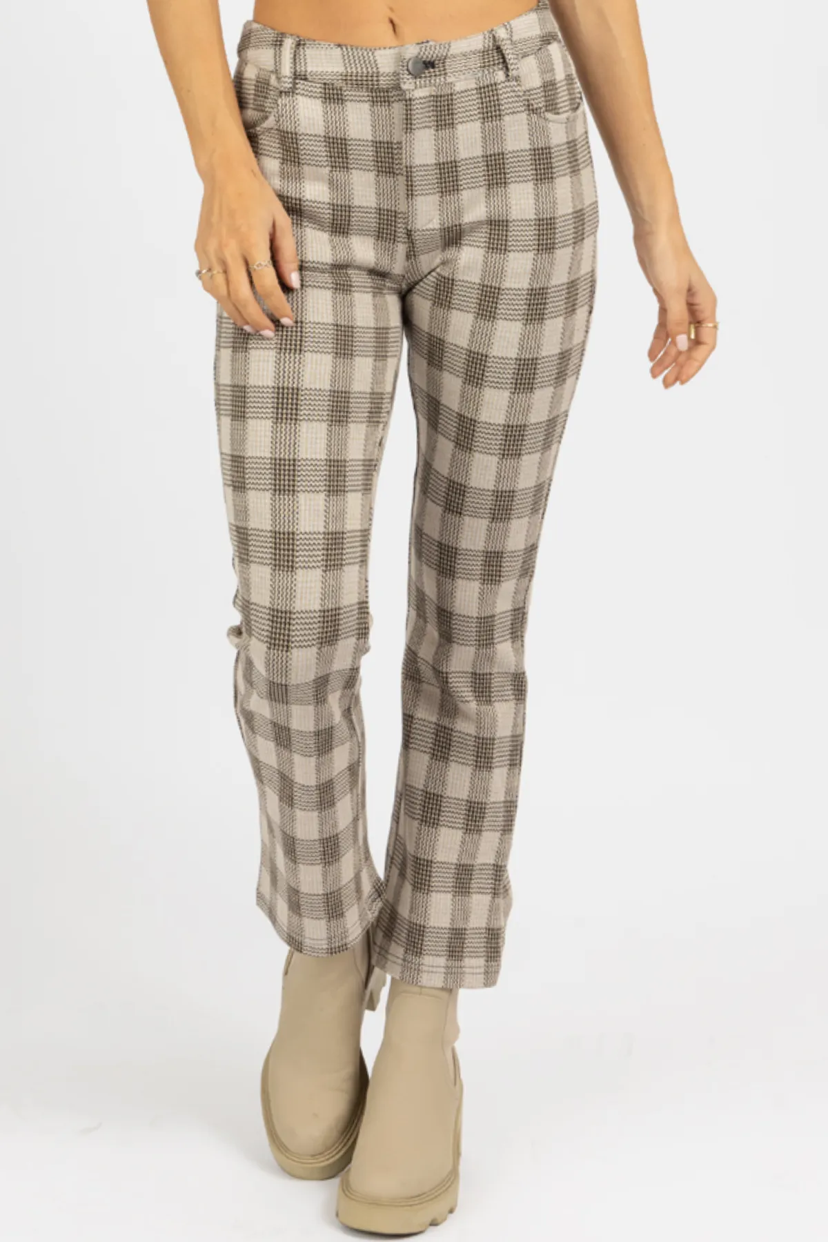 NEUTRAL CHECKED HIGH RISE FLARE PANT