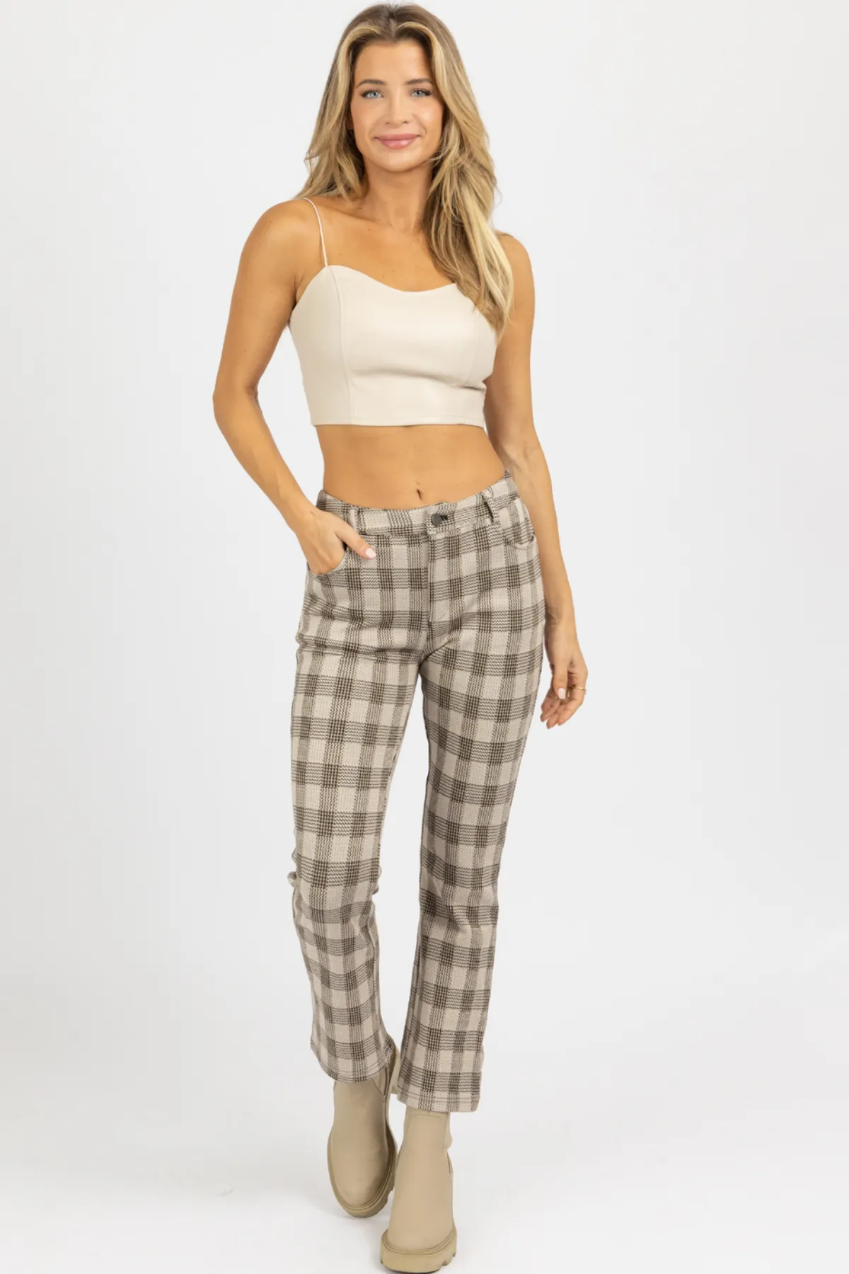 NEUTRAL CHECKED HIGH RISE FLARE PANT