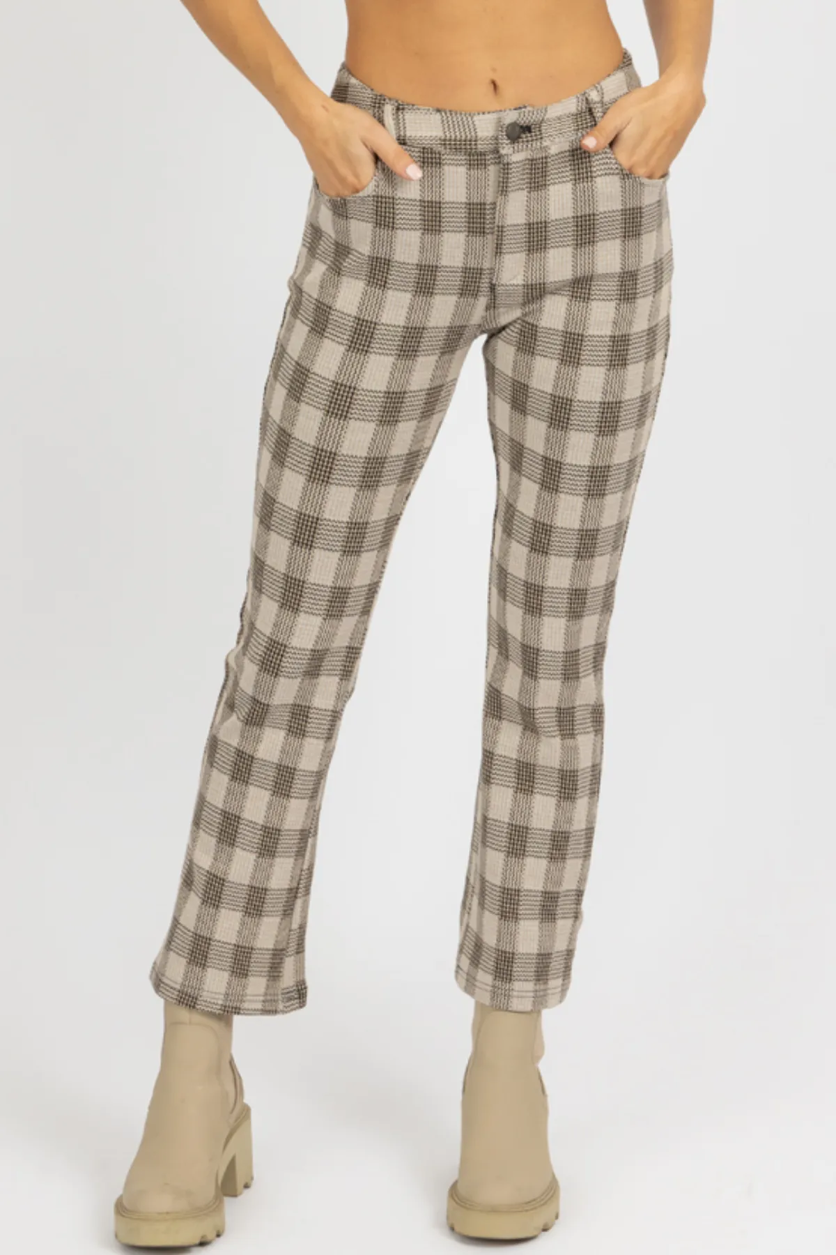 NEUTRAL CHECKED HIGH RISE FLARE PANT