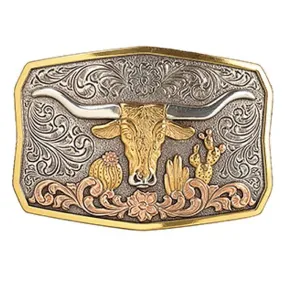 Nocona Rectangle Long Horn Cactus ASAG Belt Buckle