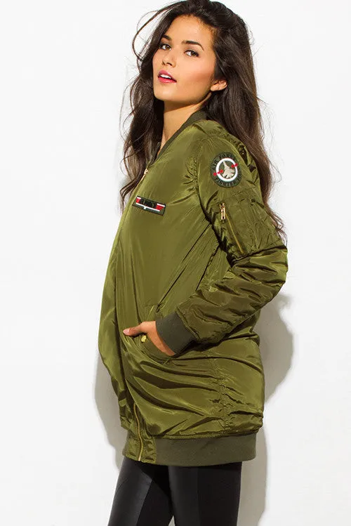 OLIVE GREEN MILITARY POCKETED PATCH EMBROIDERED PUFF BOMBER COAT JACKET