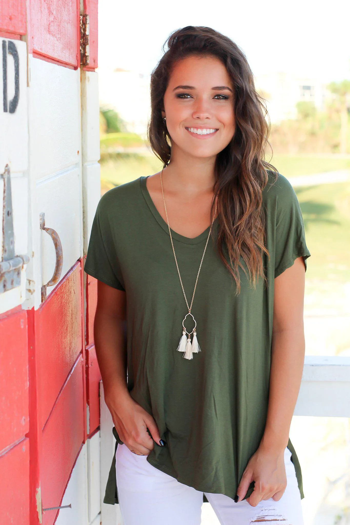 Olive Short Sleeve V-Neck Top