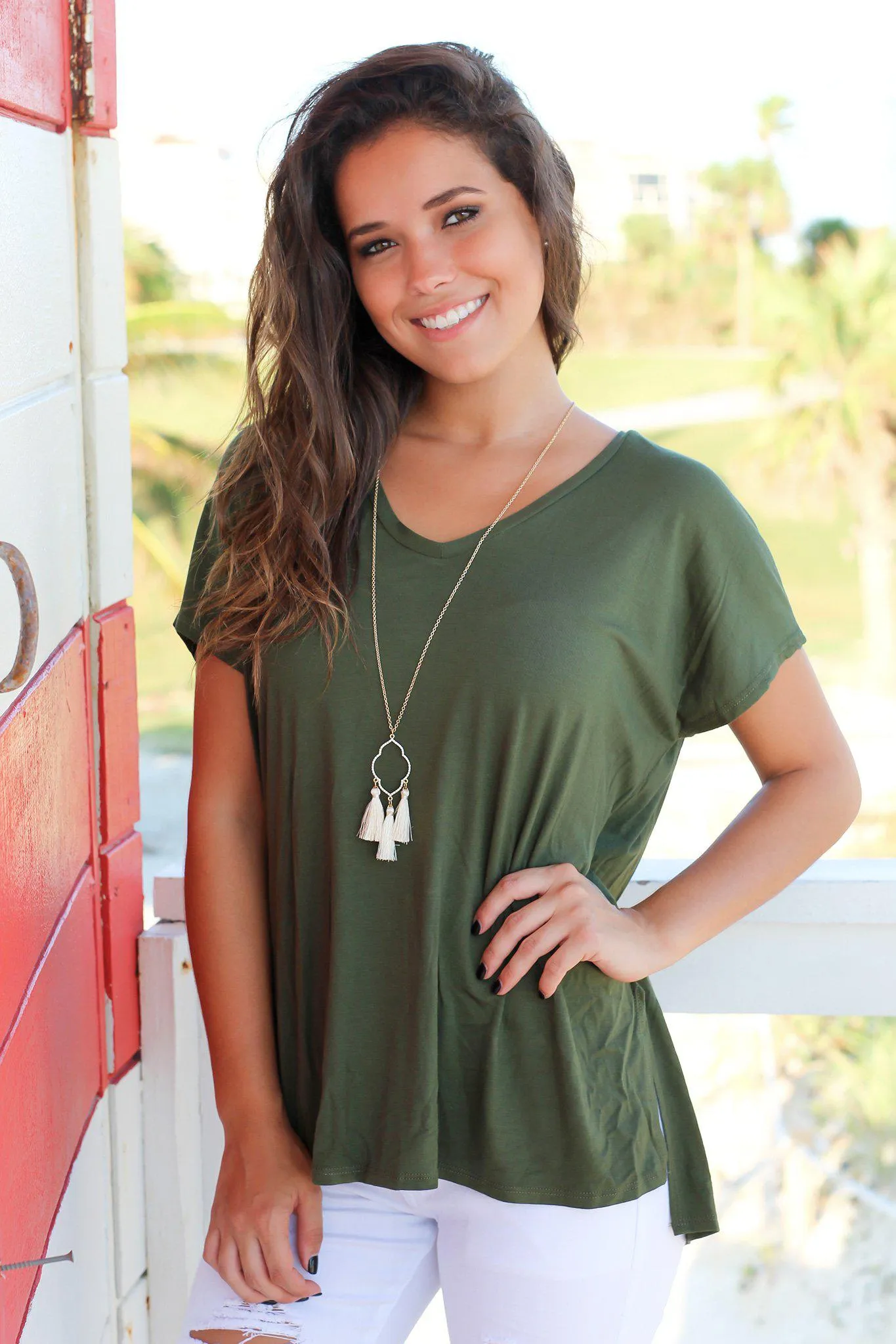 Olive Short Sleeve V-Neck Top