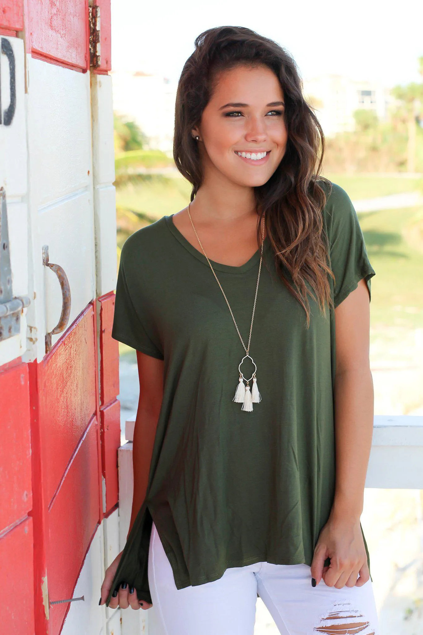 Olive Short Sleeve V-Neck Top