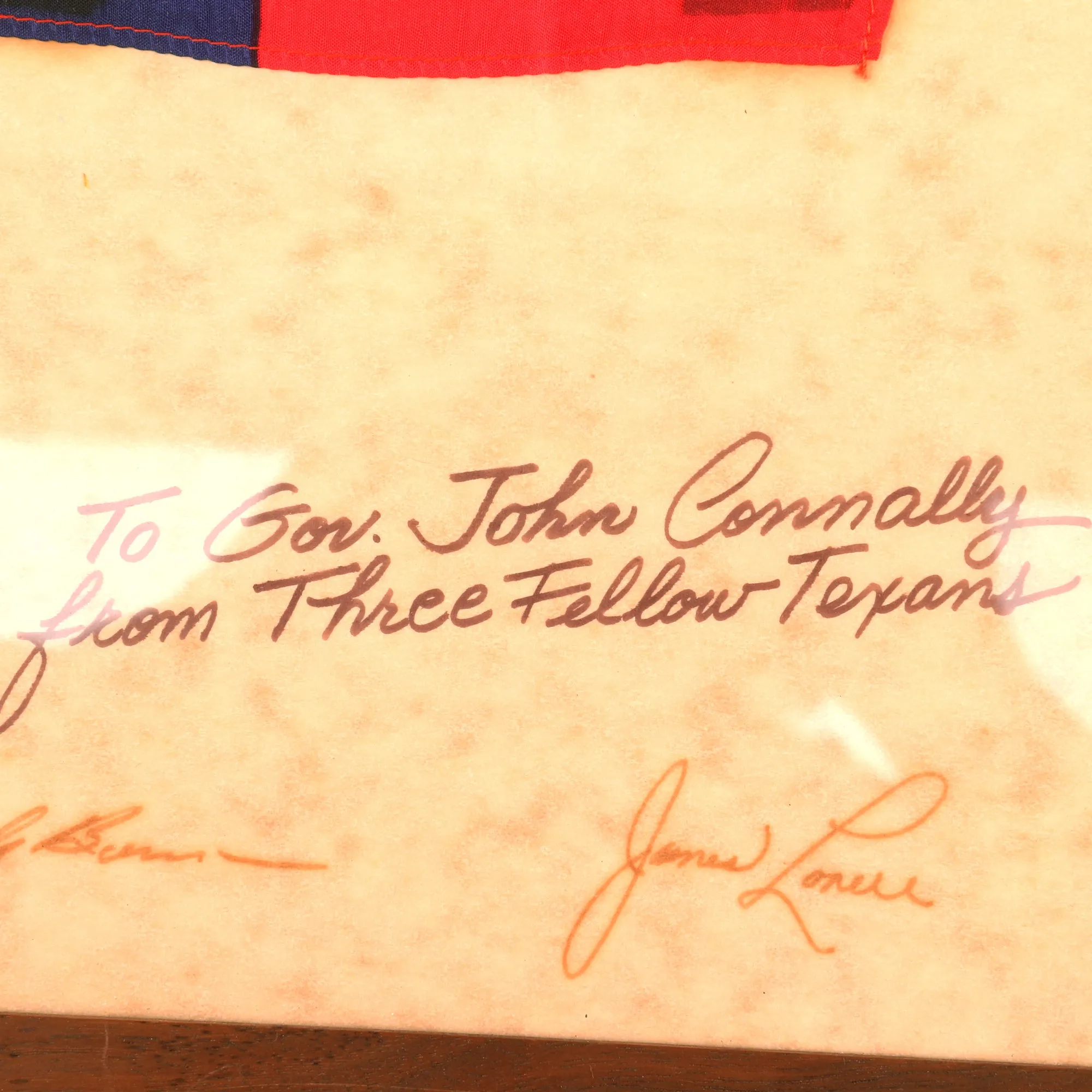 Original U.S. NASA Framed Texas Flag Carried On Board Apollo 8 with Signatures of the Three Astronauts Gifted to Texas Governor John Connally - First Lunar Flight - 16½ x 13½”