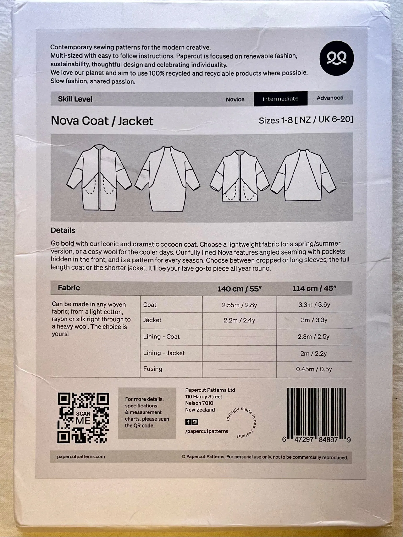 Papercut Nova Coat Pattern UNCUT Coat Sizes 2-16