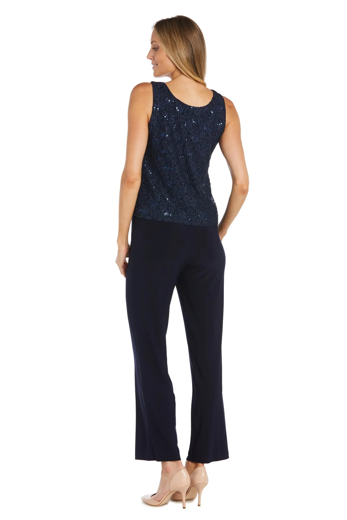 Pearl-Adorned Neckline Lace Women's Pant Suit