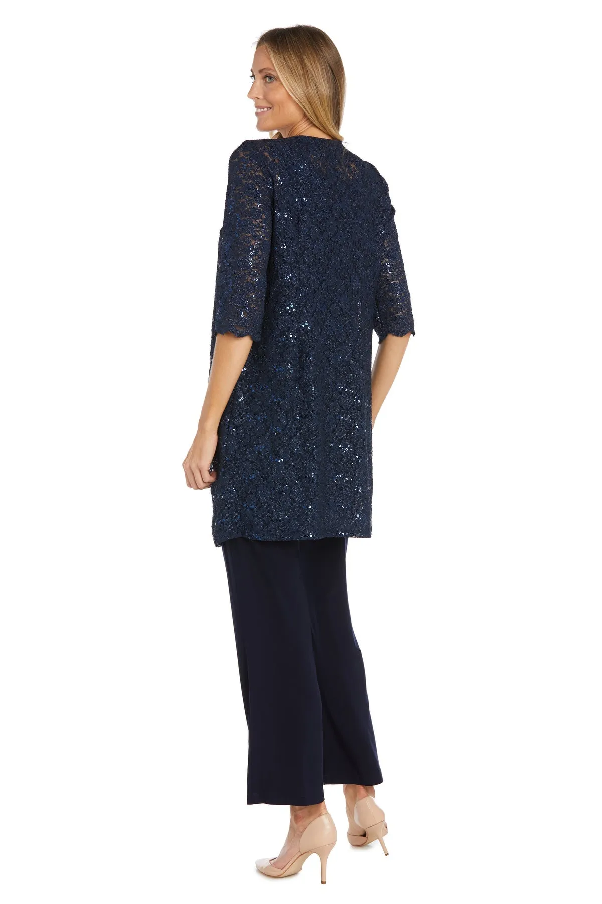 Pearl-Adorned Neckline Lace Women's Pant Suit