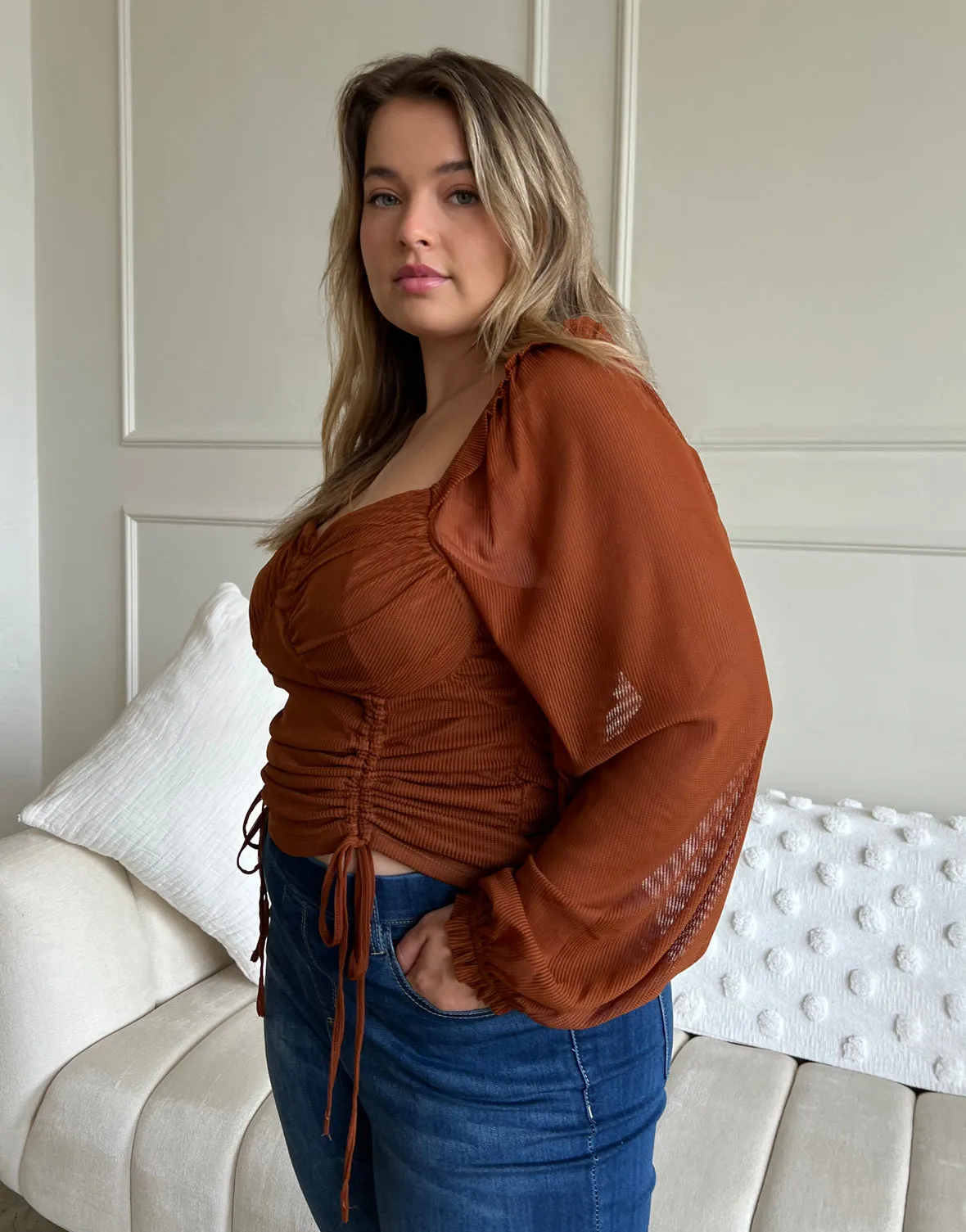 Plus Size Long Sleeve Double Ruched Top