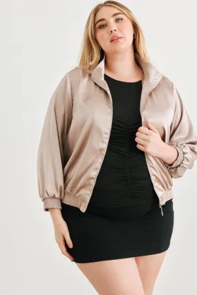 Plus Size Satin Zip-Up Mock Neck Bomber Jacket