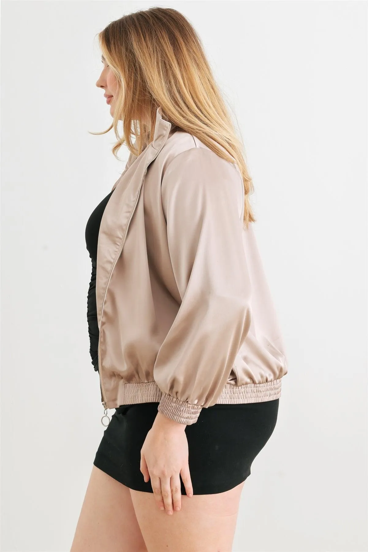 Plus Size Satin Zip-Up Mock Neck Bomber Jacket