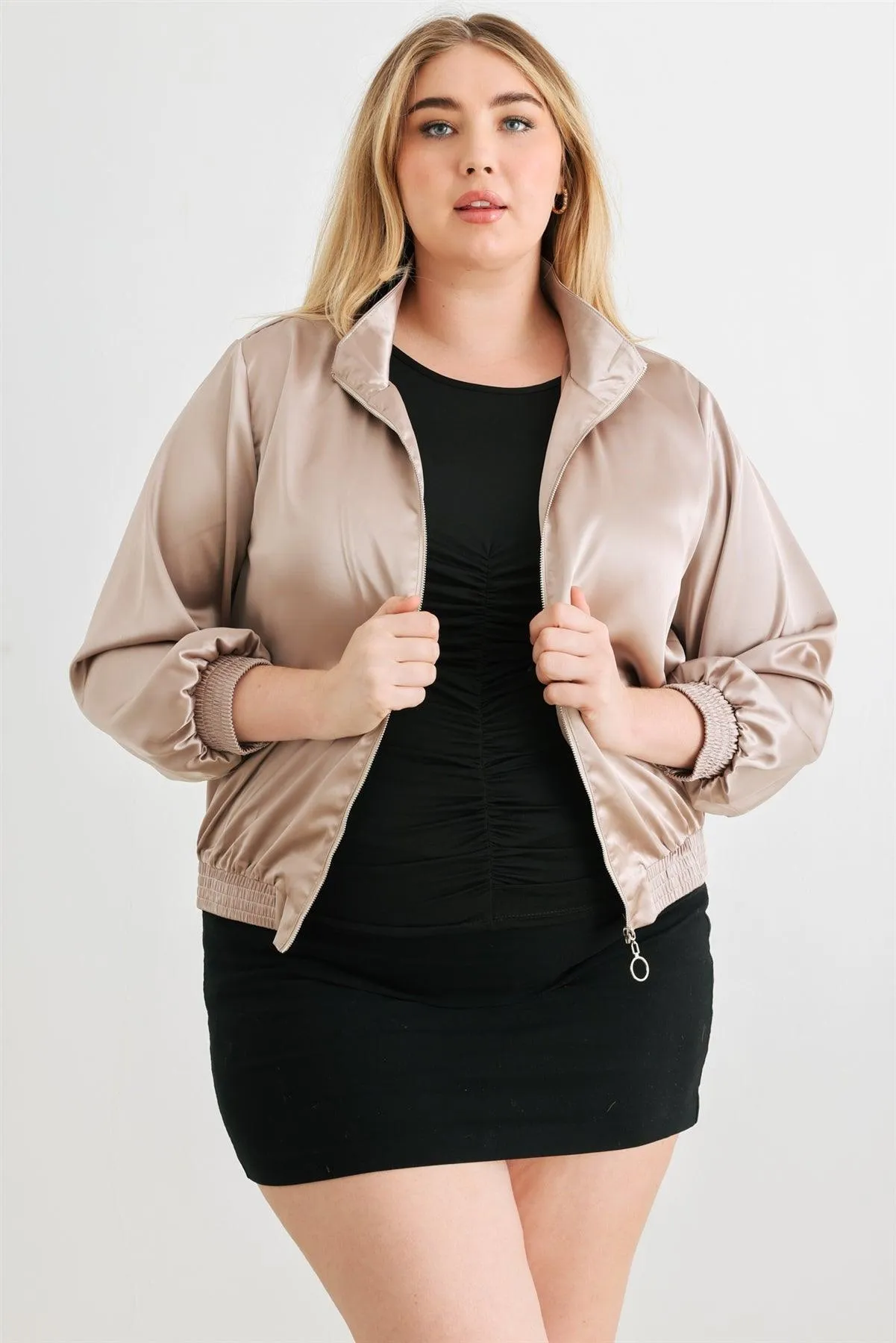 Plus Size Satin Zip-Up Mock Neck Bomber Jacket