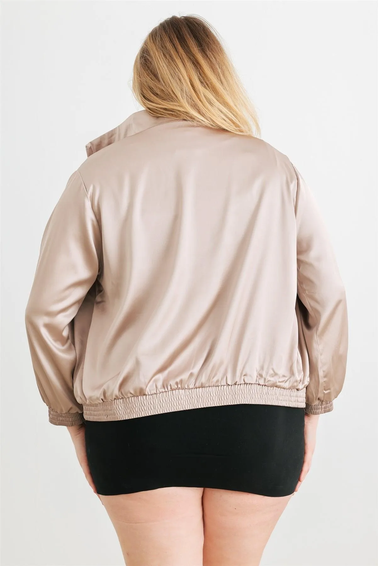 Plus Size Satin Zip-Up Mock Neck Bomber Jacket