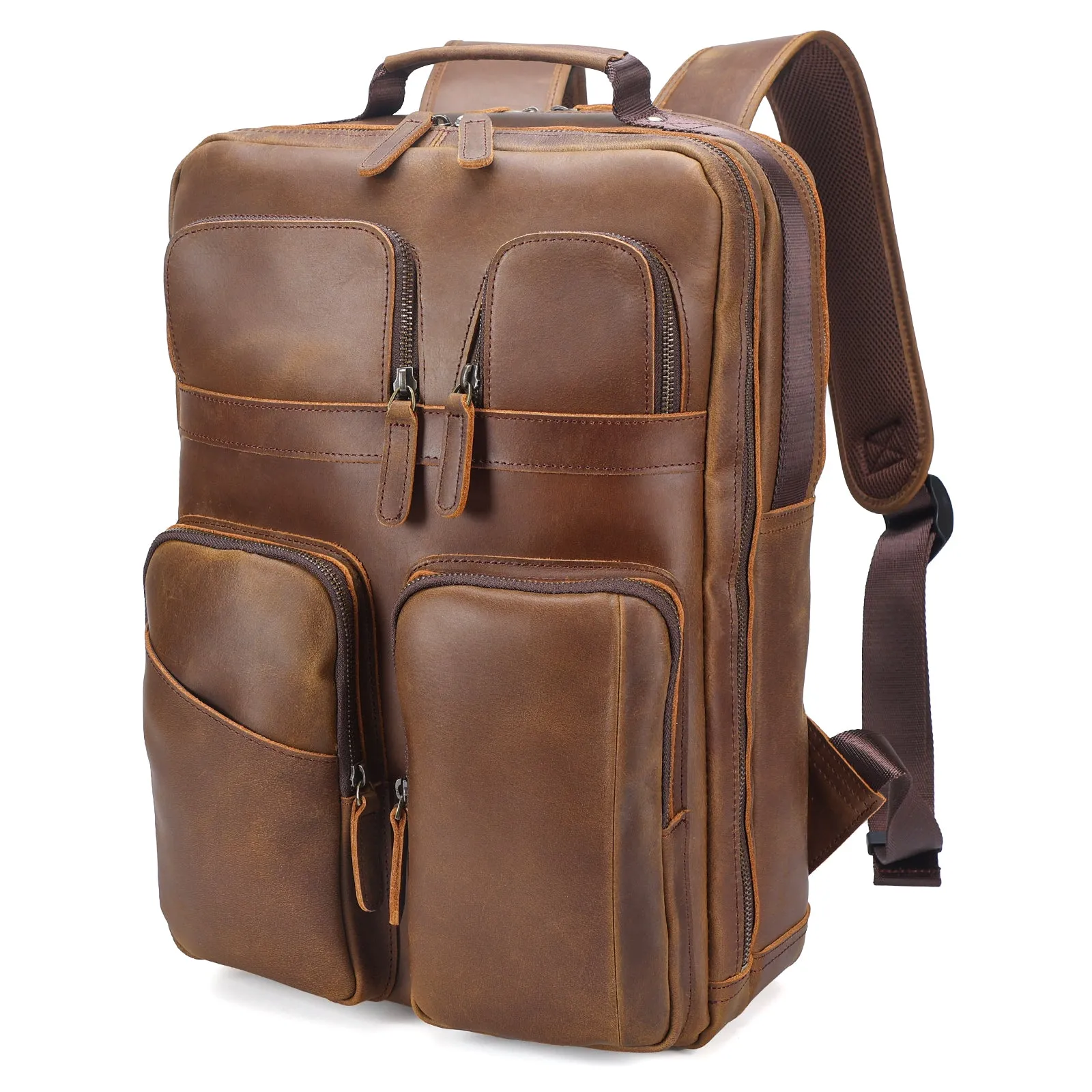 Polare 17.3 Inch Full Grain Leather Backpack for Men Multi Pockets Business Travel Laptop Rucksack