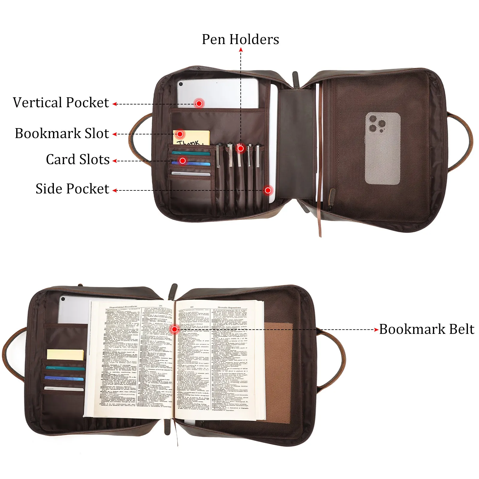 Polare Full Grain Leather Bible Cover Carrying Book Case Large Church Bag Crossbody Bible Protective Book Holder Folder Organizer Portfolio for Men