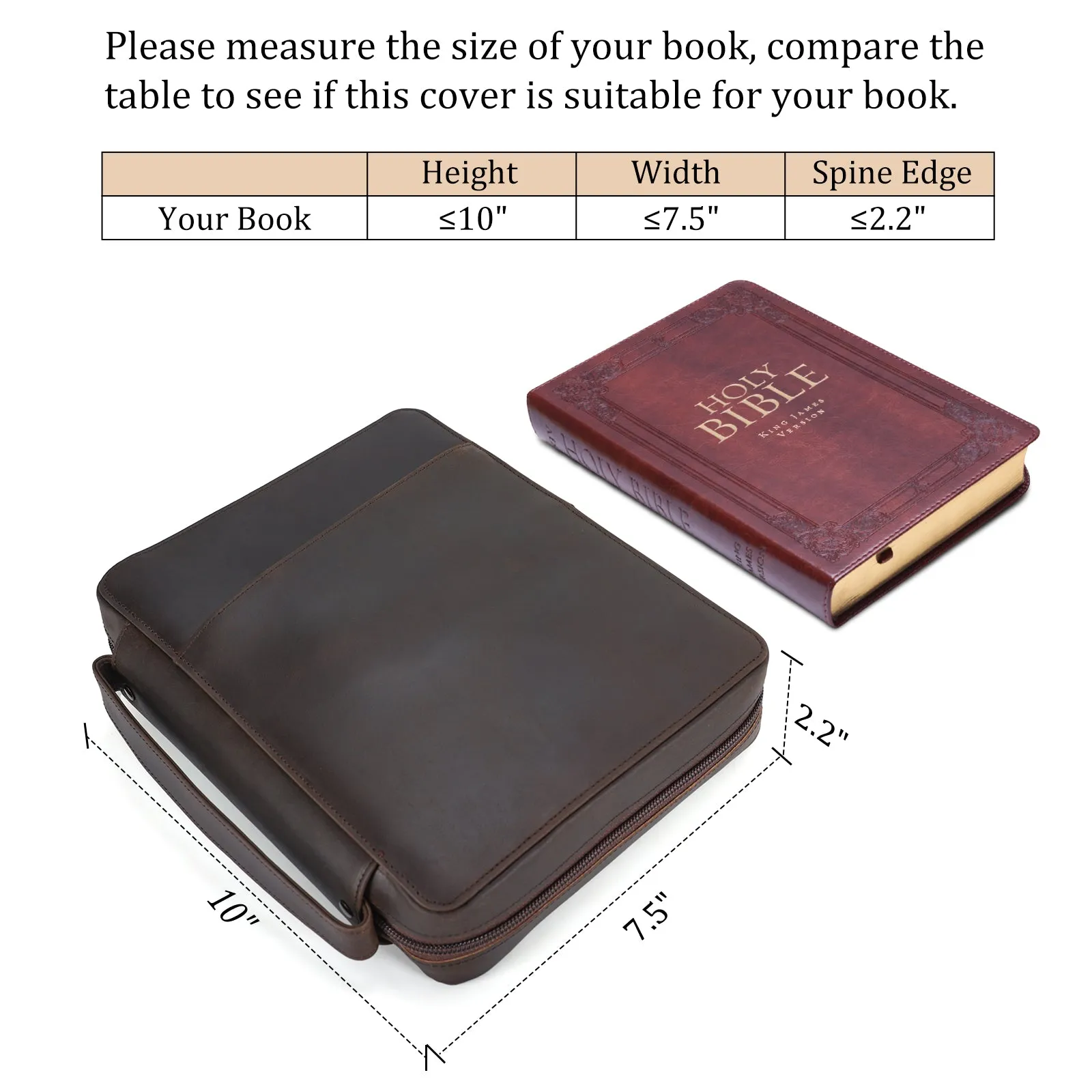 Polare Full Grain Leather Bible Cover Church Bag 10x7.5x2.2 inch Carrying Book Case Bible Protective with Handle and YKK Zippered Pocket