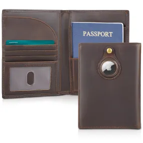 Polare Full Grain Leather Passport Holder RFID Blocking Travel Bifold Wallet Passport Holders 2 Passports (Dark Brown with AirTag Slot)