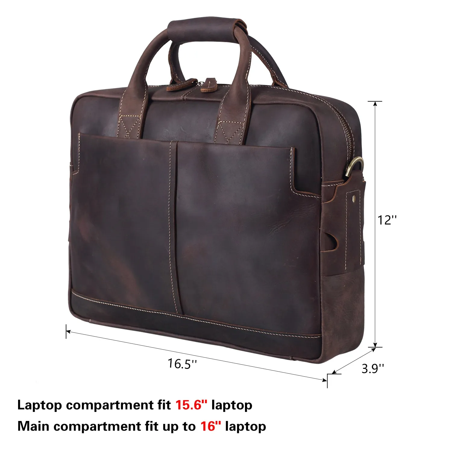 Polare Leather Briefcase for Men Business Travel Messenger Bags 15.6 Inch Laptop Bag YKK Metal Zipper