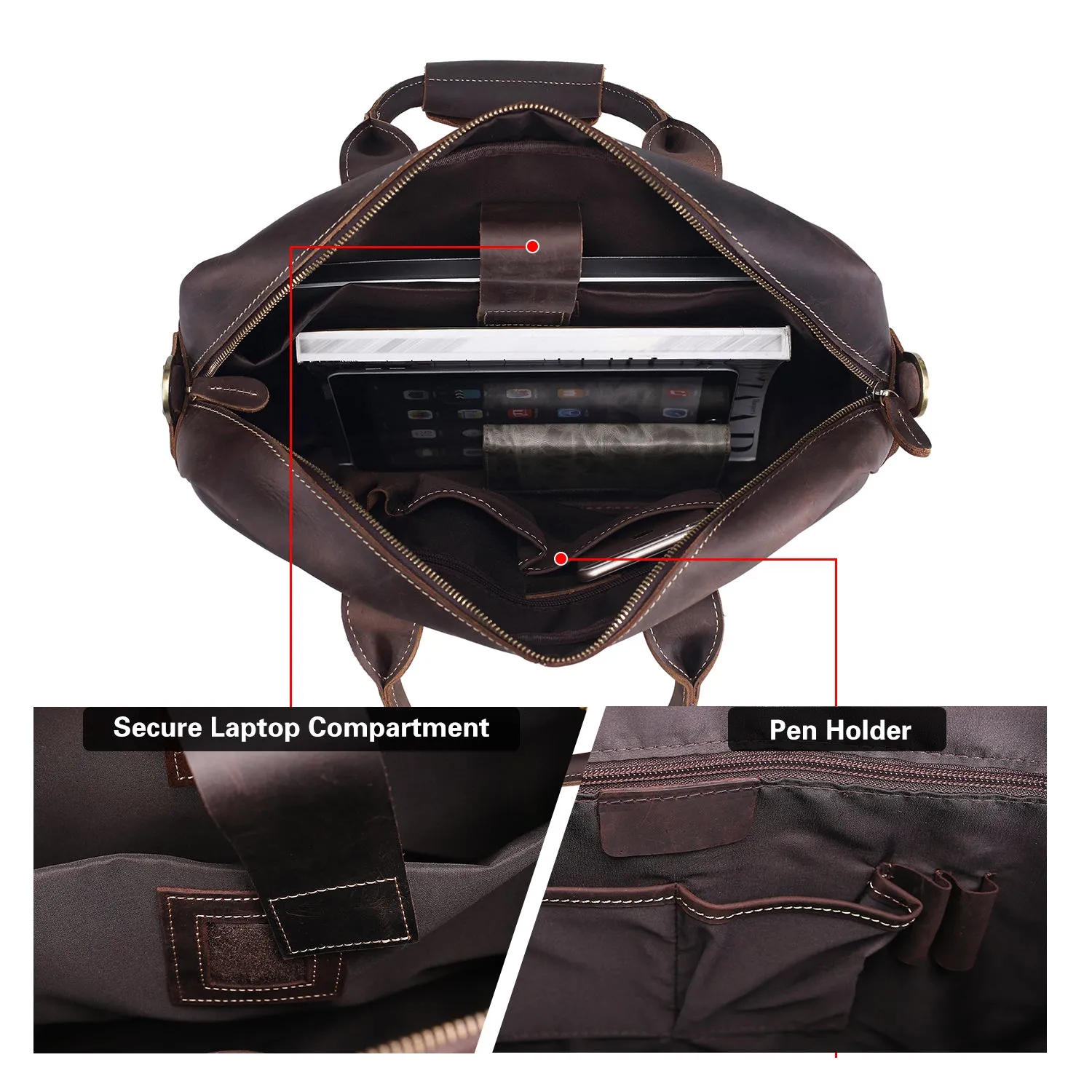 Polare Leather Briefcase for Men Business Travel Messenger Bags 15.6 Inch Laptop Bag YKK Metal Zipper