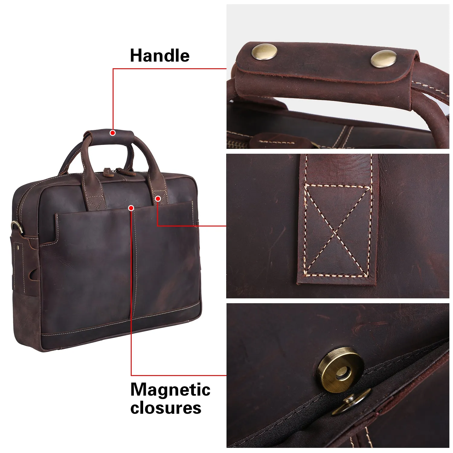 Polare Leather Briefcase for Men Business Travel Messenger Bags 15.6 Inch Laptop Bag YKK Metal Zipper