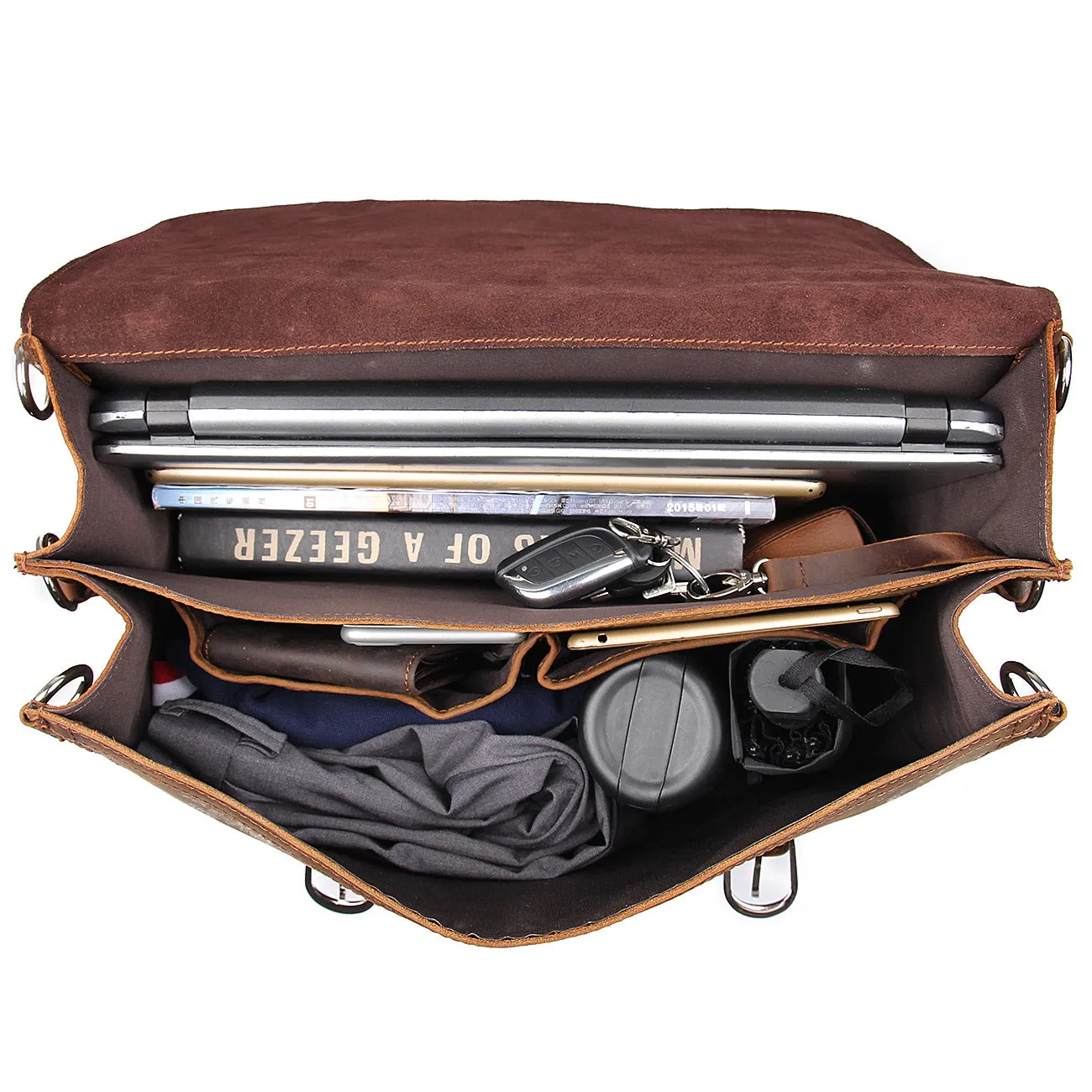 Polare Thick Full Grain Leather 16'' Briefcase Shoulder Messenger Bag For Men Fit 15.6'' Laptop