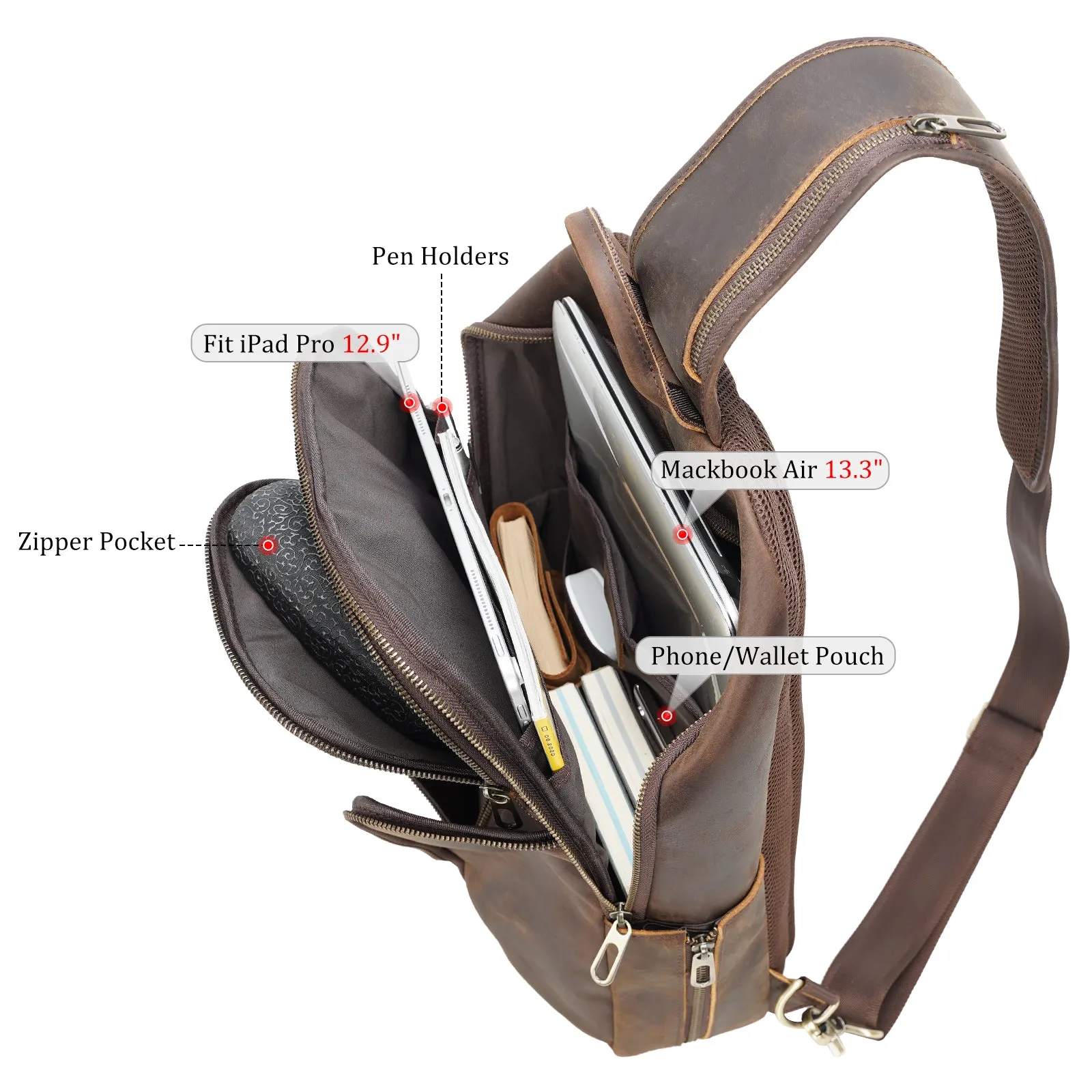 Polare Vintage Full Grain Leather Sling Bag for Men Multipurpose Daypack Shoulder Chest Crossbody Bag Travel Backpack Large Fits iPad Pro 12.9''