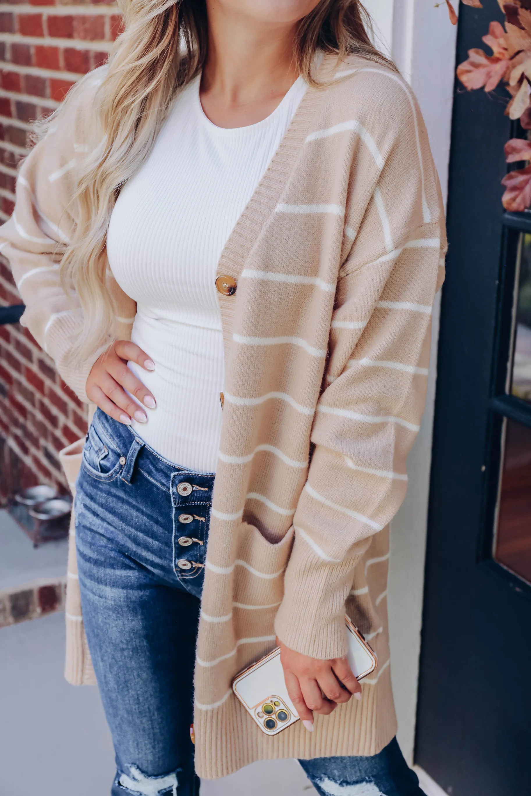 Rainey Button Up Striped Cardigan - Taupe